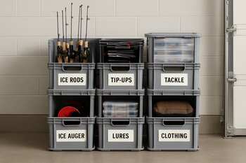 Labeled plastic crates with ice gear stacked on a garage shelf