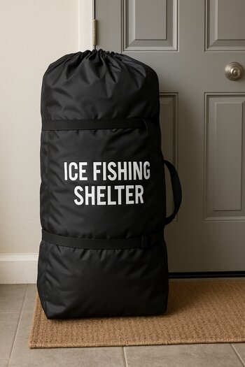 Packed ice shelter bag and auger stored neatly by a door