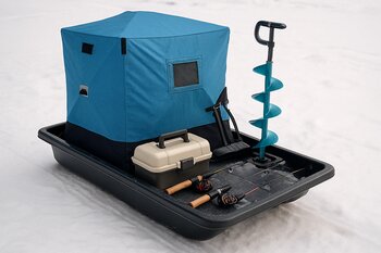 Two-person ice fishing kit stacked neatly on a sled