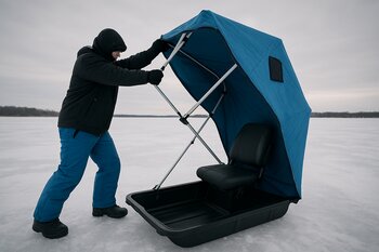 One-person ice shelter set up on clean blue lake ice