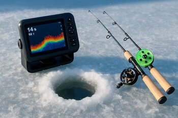 Ice sonar and two short rods resting on snow-dusted ice