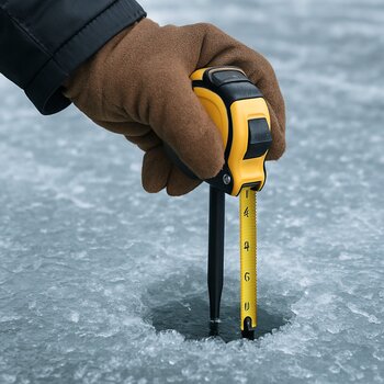 Angler measuring ice thickness with a gauge through a drilled hole