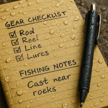 Notebook with an ice fishing gear checklist written beside folded clothing