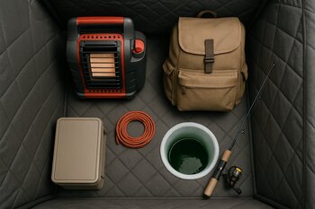 Top view sketch of a compact one-person ice shelter layout