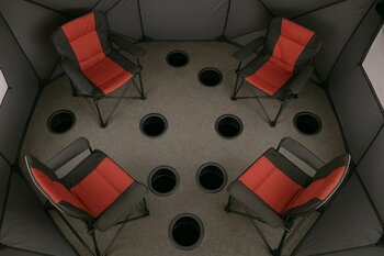 Top view of a two-person ice shelter with two parallel fishing holes