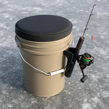 Ice bucket with built-in rod holders sitting on a sled