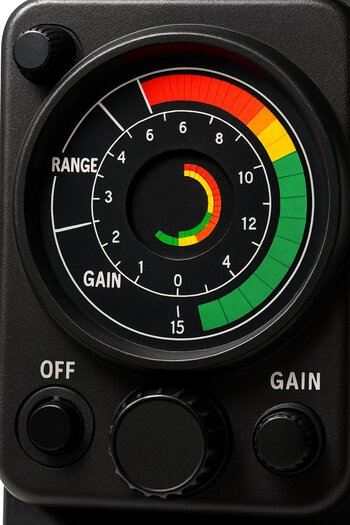 Close-up of an ice flasher screen with clear colored depth bands