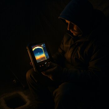 Angler holding a glowing sonar screen on their lap at night