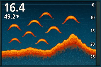 Ice sonar view showing bright fish arches in mid-depth water