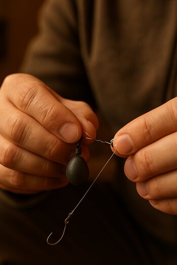 Angler tying an ice fishing rig at a small indoor table with gear laid out