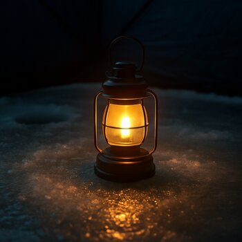 Lantern glowing on ice next to a small tent at blue hour