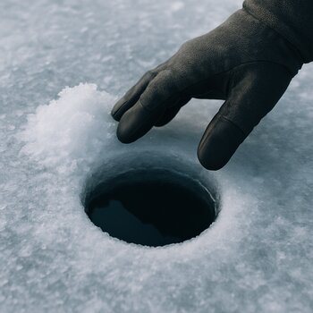 First ice hole drilled with snow dust blowing in the air