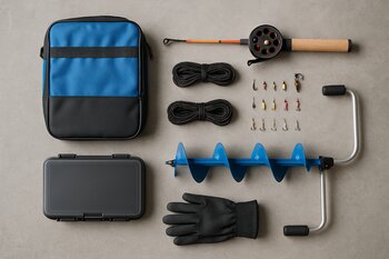 Ice fishing starter kit unpacked on a living room floor